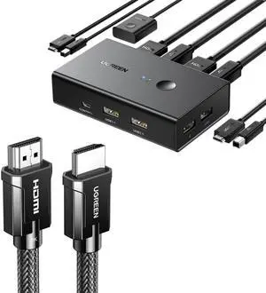 UGREEN KVM Switch 1 Monitor 2 Computers, Share 4 USB Ports, HDMI KVM Switch for Keyboard Mouse Printer to One Monitor Bundle with 8K HDMI 2.1 Cable Certified 6.6FT Ultra High Speed Cord
