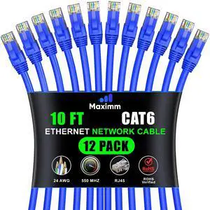 Maximm Cat 6 Ethernet Cable 10 Ft, (12-Pack) Cat6 Cable, LAN Cable, Internet Cable, Patch Cable and Network Cable - UTP (Blue) 10 Feet ethernet Cord