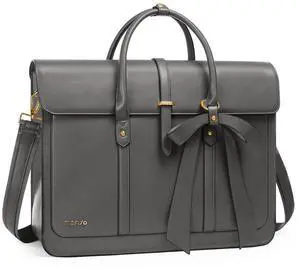 MOSISO Laptop Bag for Women, 15-15.6 inch PU Leather Laptop Shoulder Bags Convertible Backpack, 16 inch Messenger Bags Casual Handbag Work Briefcase Travel Computer Bag with Bowknot, Gray