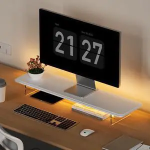 AFOOYO Monitor Stand Riser,31.5-Inch LED Light Wood Computer Monitor Stand with Adjustable Acrylic Legs,Desk Accessories Desktop Organizer Stand for Computer,Laptop,Printer,PC TV Screen Riser,White