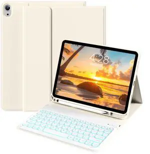 BQDIYOO for iPad 11th 10th Generation Case with Keyboard 2025 2022, 11 inch A16/10.9" 7 Color Backlit Wireless Detachable Keyboard Case with Pencil Holder, Auto Sleep/Wake Tablet Cover, Cream White