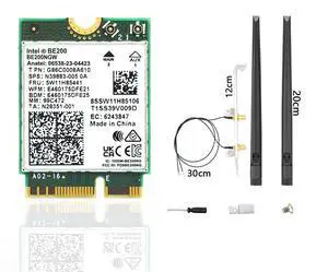 WiFi 7 BE200 NGW Wireless Card, Tri-Band 6GHz/5GHz/2.4GHz M.2 NGFF Bluetooth 5.4, Includes Ipex Cable, 8dBi Antennas and Brackets Support Windows 10/11(64 bit)/Linux, Not Support AMD. (with Antennas)