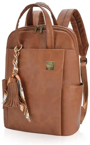 Kamlui Laptop Backpack for Women, Fit up to 15.6-inch Laptops, PU Leather, Brown, Water-resistant Business Travel Bag with Padded Compartment