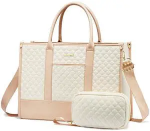 LOVEVOOK Laptop Bags for Women, 17 inch Waterproof Work Tote Bag with Clutch, Professional Teacher Computer Purse Lightweight Shoulder Bag Travel, Quilted Beige & Brown
