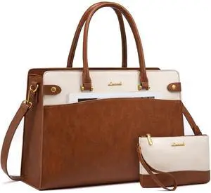 LOVEVOOK Laptop Bag for Women, Vintage Leather Laptop Tote Bag Work Bags for Women, Waterproof Computer Bag Business Office Briefcase Large Shoulder Handbag Purse, 17 Inch, Brown-Beige