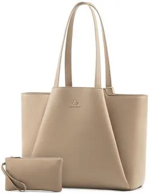 LOVEVOOK Laptop Tote for Women - 15.6 Inch Faux Leather Laptop Bag with Clutch, Large Capacity Office Purse Computer Briefcase for Casual Business Travel,Sandy