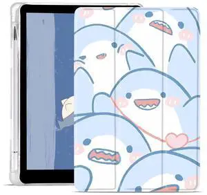 JOYLAND Lovely Cartoon Shark Case for iPad Air 13 Inch M3 2025/M2 2024 with Pencil Holder, Auto Wake/Sleep, Clear TPU Blue Leather Anti-Scratch Smart Foldable Stand Back Cover