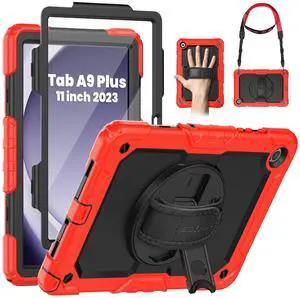 SEYMAC for Samsung Galaxy Tab A9+/ A9 Plus Case 11" 2023 (SM-X210/X216/X218), Heavy Duty Shockproof Protective Case with Screen Protector, Rotating Stand, Hand/Shoulder Strap and Pen Holder, Red