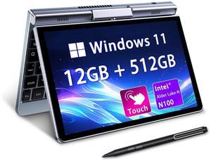 Mini Laptop 8" 2-in-1, Laptop Computer Windows 11, Intel N100(up to 3.4GHz), 12GB RAM 512GB SSD, Touchscreen HD, Backlit Keyboard, Wi-Fi 6, USB-C, Lightweight Portable PC for Work/Kids/School