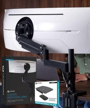 ULTRARM Heavy Duty Monitor Arm with Reinforcement Plate for Ultrawide Monitors up to 57" and 44 lbs, Single Desk Stand, Pneumatic Height Adjustable, Modular Extension Arms - Max VESA 100x100, Black