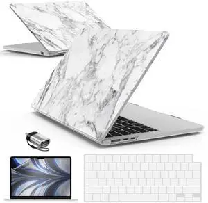 IBENZER Compatible with 2025 2024 2023 2022 MacBook Air 13 inch Case M4 A3240 M3 A3113 M2 A2681, Hardshell Case & KeyboardCover & ScreenFilm & Type-C for Mac Air 13.6, White Marble, AT13-KK-WHMB+2TC