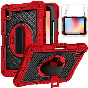Dteck for iPad A16/10th Generation 2025/2022,360° Rotate Hand Strap/Stand Full-Body Drop Rugged Protective Case with Shoulder Strap Kids Case for iPad 10th Generation iPad 10.9 Inch 2022,Red+Black