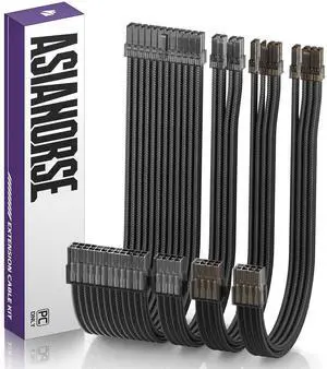 AsiaHorse 16AWG PSU Cable Extension Kit, Sleeved Custom Mod GPU PC Audio Video Power Supply Soft Braided Cables with Comb Kit, 24P/8P to 6+2P/ 8P to 4+4P 30CM