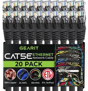 GEARIT 20-Pack, Cat5e Ethernet Patch Cable 1.5 Feet - Snagless RJ45 Computer LAN Network Cord, Black GEARIT 20-Pack, Cat5e Ethernet Patch Cable 1.5 Feet - Snagless RJ45 Computer LAN Network Cord, Black