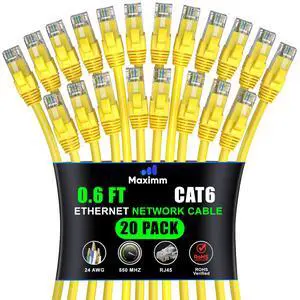 Maximm Cat 6 Ethernet Cable 0.6 ft (20-Pack) - High-Speed LAN Cable, Internet Cable, Patch Cable, and Network Cable - UTP, 10Gbps, 550MHz Ethernet Cord - Yellow