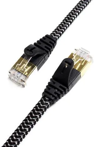 Tera Grand - 50FT - CAT7 10 Gigabit Ethernet Ultra Flat Patch Cable for Modem Router LAN Network - Braided Jacket, Gold Plated Shielded RJ45 Connectors, Faster Than CAT6a CAT6 CAT5e, Black & White