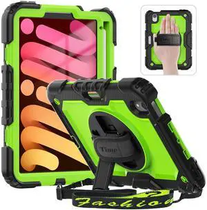 Timecity Case for iPad Mini 7/6 with Screen Protector Pencil Holder [360 Rotating Stand ] & Handle/Shoulder Strap, Drop-Proof Case for iPad Mini 7th/6th Generation 8.3'' Kids Students Friendly- Green