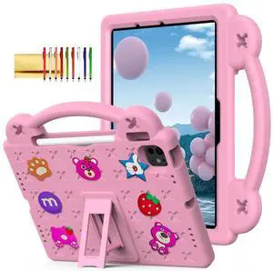 Dteck iPad Air 13"/Pro 13" 2024 M4/Pro 12.9 6th/5th/4th/3rd Gen Case - Strawberry Panda Shockproof Rugged Lightweight Convertible Stand With Handles, Kids Friendly, Pink