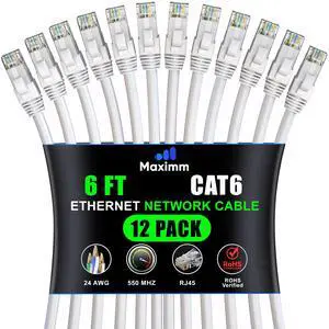 Maximm Cat 6 Ethernet Cable 6 Ft, (12-Pack) Cat6 Cable, LAN Cable, Internet Cable, Patch Cable and Network Cable - UTP (White) 6 Feet ethernet Cord