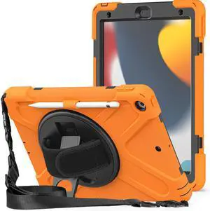 KIQ Rotating Case for iPad 9th Generation (2021) / 8th Generation (2020) / 7th Gen (2019) 10.2 Inch - 360 Rotating Stand Protective Drop-Proof Cover with Pencil Holder/Shoulder Strap Orange