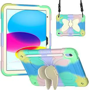 Dteck iPad 10th Generation 10.9 Inch 2022 Case with Kickstand Butterfly Wings Pencil Holder, Heavy Duty Hard Rugged Protective Kids Girls Cover for iPad 10th Gen 10.9 Inch 2022,Colorful/Green