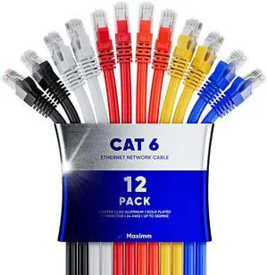 Maximm Cat 6 Ethernet Cable - 6 ft (12-Pack), High-Speed LAN, Internet, Patch, and Network Cable - UTP, 10Gbps, 550MHz Ethernet Cord - Multicolor