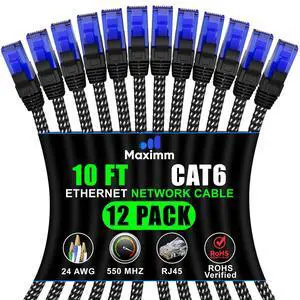 Maximm Cat 6 Ethernet Cable 10 ft, Braided Network Cable Cat6 with RJ45 connectors, Gigabit LAN Cable 1000 Mbps High-Speed Internet, Black (12 Packs)
