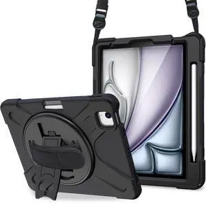 ProCase Rugged Case for iPad Air 11 inch (M2) 2024/ Air 5th / 4th Gen 10.9", Heavy Duty Shockproof Cover with Hand Strap 360 Degree Rotatable Kickstand -Black