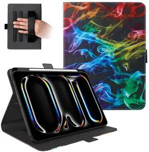 Dteck for iPad Pro 11-Inch M4 Folio Case 2024 Release, PU Leather Cute Case with Adjustable Stand Angles/Auto Sleep Wake, Pencil Holder/Hand Strap, Protective Lightweight Slim Cover, Colorful Smoke