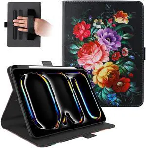 Dteck for iPad Pro 11-Inch M4 Folio Case 2024 Release, PU Leather Cute Case with Adjustable Stand Angles/Auto Sleep Wake, Pencil Holder/Hand Strap, Protective Lightweight Slim Cover, Colorful Flowers
