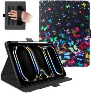 Dteck for iPad Pro 11-Inch M4 Folio Case 2024 Model, PU Leather Cute Case with Adjustable Stand Angles/Auto Sleep Wake, Pencil Holder/Hand Strap, Protective Lightweight Slim Cover, Colorful Butterfly