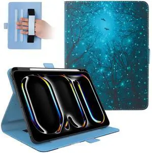 Dteck for iPad Pro 11-Inch M4 Folio Case 11" 2024 Release, PU Leather Cute Case with Adjustable Stand Angles/Auto Sleep Wake, Pencil Holder/Hand Strap, Protective Lightweight Slim Cover, Starry Sky