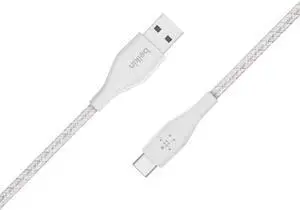Belkin DuraTek Plus USB C to USB Cable - USB-A Cable W/Leather Strap - Ultra-Strong Charging Cable W/Flexible Insulation - Compatible W/iPads, Samsung Galaxy, Google Pixel & More - 4ft (White)