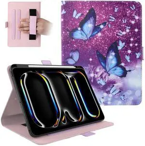 Dteck for iPad Pro 11-Inch M4 Folio Case 2024 Release, PU Leather Cute Case with Adjustable Stand Angles/Auto Sleep Wake, Pencil Holder/Hand Strap, Protective Lightweight Slim Cover, Purple Butterfly