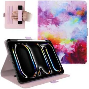 Dteck for iPad Pro 11 inch M4 Smart Folio Case 2024 with Pencil Holder/Hand Strap, Auto Sleep Wake, Adjustable Stand, Magnetic Closure, PU Leather Protective Cute Cover with Stylus, Colorful Purple
