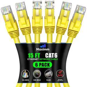 Maximm Cat 6 Ethernet Cable 15 ft (6-Pack) - High-Speed LAN Cable, Internet Cable, Patch Cable, and Network Cable - UTP, 10Gbps, 550MHz Ethernet Cord - Yellow