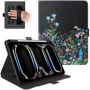 Dteck for iPad Pro 11 inch M4 Smart Folio Case 2024 with Pencil Holder/Hand Strap, Auto Sleep Wake, Adjustable Stand, Magnetic Closure, PU Leather Protective Cute Cover with Stylus, Colorful Blossom