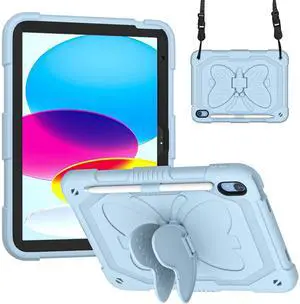 Dteck iPad 10th Generation 10.9 Inch 2022 Case with Kickstand Butterfly Wings Pencil Holder, Heavy Duty Hard Rugged Protective Kids Girls Cover for iPad 10th Gen 10.9 Inch 2022,Blue