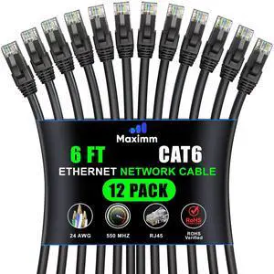 Maximm Cat 6 Ethernet Cable 6 Ft, (12-Pack) Cat6 Cable, LAN Cable, Internet Cable, Patch Cable and Network Cable - UTP (Black) 6 Feet ethernet Cord
