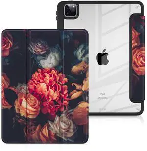Batianda Case for iPad Air 13-inch 2024 iPad Pro 12.9-inch 2022 6th M2 / iPad Pro 12.9" 5th/4th/3rd [Built-in Pencil Holder] Shockproof Cover with Clear Transparent Back Shell TPU Bumper,Flowers Wall