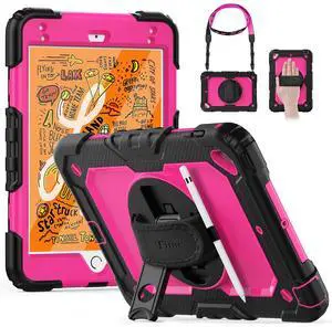 timecity Case for Mini 5th/4th Generation, Case for Mini 5/4 with Built-in Screen Protector Pencil Holder, Heavy Duty Protective Cover with Stand Adjustable Hand/Shoulder Strap,Black+Rose