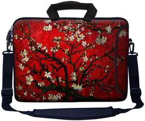 Meffort Inc 17 17.3 inch Neoprene Laptop Bag Sleeve with Extra Side Pocket, Soft Carrying Handle & Removable Shoulder Strap for 16" to 17.3" Size Notebook Computer - Vincent van Gogh Cherry Blossoming