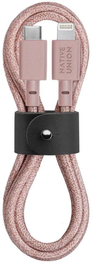 Native Union Belt Cable USB-C to Lightning - 4ft Ultra-Strong Reinforced Charging Cable with Leather Strap [MFi Certified] Compatible with iPhone 14, iPhone 13 and Earlier (Rose)