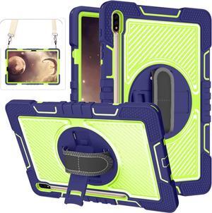 Galaxy Tab S8 Plus/S7 FE 5G/S7 Plus Case for Kids - 360 Rotating Kickstand, Handle Strap, Rugged Protective With Pen Holder for Samsung Tablet 12.4 Inch - Navy+Green