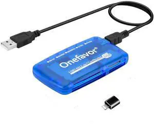 Onefavor SmartMedia Cards Reader Writer, All-in-1 USB Universal Multi-Card Memory Cards Reader for Windows, Mac, Linux (Card Reader + iPhone Adapter)