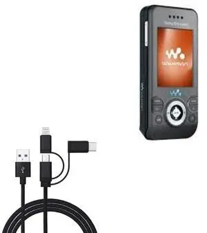 BoxWave Cable Compatible with Sony Ericsson W580i - AllCharge 3-in-1 Cable - Jet Black