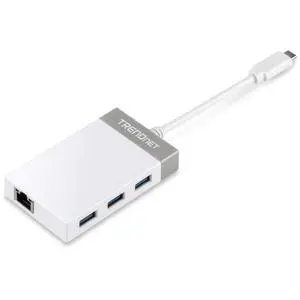 TRENDnet USB C to Ethernet Gigabit Adapter, TUC-ETGH3, Compact USB Type C Hub, 3 x USB 3.0 Ports, 1 x RJ-45 Gigabit Ethernet Port, Windows and Mac Compatible, White
