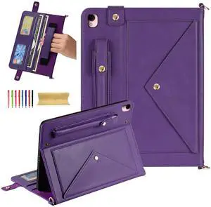 Dteck iPad 9th/8th/7th Generation Case 10.2" With Pencil Holder, Premium PU Leather Business Folio Stand Smart Cover, Shoulder/Hand Strap, Card Slots, Wallet [Auto Wake/Sleep], Purple