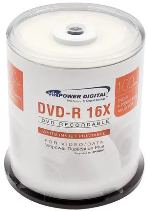 Vinpower Digital DVD-R 4.7GB 16x White Inkjet Printable Hub Recordable Media - 100 Disc Cake Box Spindle
