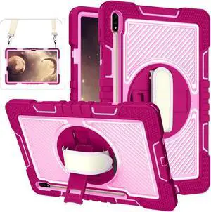 Galaxy Tab S8 Plus/S7 FE 5G/S7 Plus Case for Kids - 360 Rotating Kickstand, Handle Strap, Rugged Protective With Pen Holder for Samsung Tablet 12.4 Inch - Rose+Pink